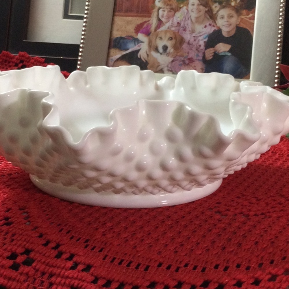 Fenton milk glass hobnail candy bowl with ruffled edge. 7” diameter.